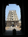 Inside prakaram (closed precincts of a temple) entrance seen through the Raja Gopuram of Jalakandeswarar Temple