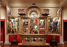 Flemish altarpiece of the 1550s, still with three predella scenes Jan e caterina van hemessen (con bottega), polittico tendilla con storie del vecchio e nuovo testamento, 1550-60 ca. 01.jpg