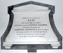 Mural monument in Fremington Church to Mrs Jane Barbor, widow of George Barbor JaneBarborMonument FremingtonChurch Devon.JPG