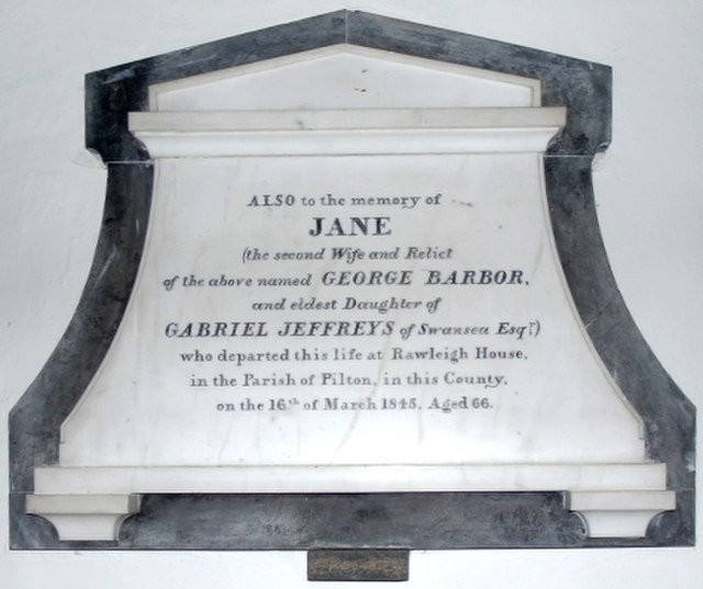 Mural monument in Fremington Church to Mrs Jane Barbor, widow of George Barbor