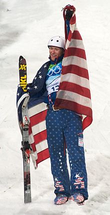 Jeret "Speedy" Peterson celebrates after his silver medal jump in men's aerials. Jeret Speedy Peterson.jpg