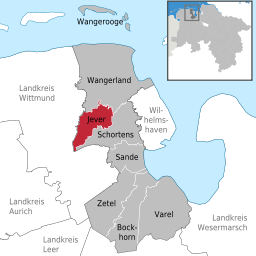 Läget för staden Jever i Landkreis Friesland