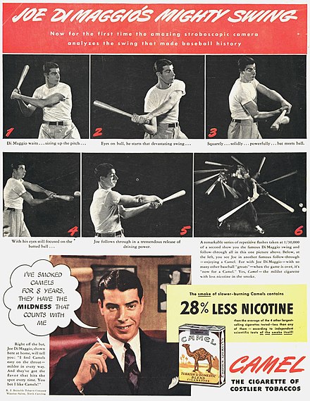 1941 advertisement for Camel cigarettes featuring DiMaggio