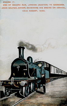 Caledonian Railway postcard showing engine driver John Souter and the Lambie No. 17 4-4-0, 23 August 1895. John Souter, Caledonian Railway, 1895.jpg