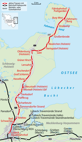 <span class="mw-page-title-main">Lübeck–Puttgarden railway</span> Railway line in Schleswig-Holstein, Germany