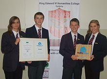 Head Boy, Head Girl and their deputies receive the Healthy School award on behalf of the college in September 2008 King Edward VI Humanities Award.jpg