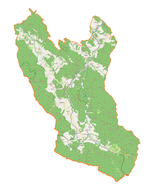 Mapa konturowa gminy Komańcza, na dole po prawej znajduje się punkt z opisem „Wola Michowa, kościół”