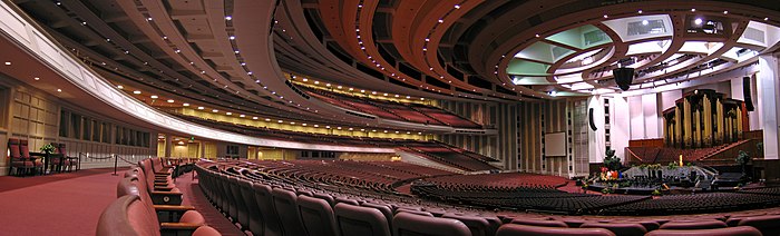 Interior of the Conference Center where the church holds its General Conferences twice a year. LDS Conference Center interior panoramic.jpg