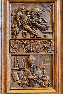 In the top panel Matthew the Evangelist is accompanied by his attribute, a small angel. In the panel below is Saint Augustine
