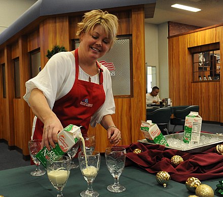A woman serves commercially prepared eggnog to U.S. military personnel at a Christmas meal.