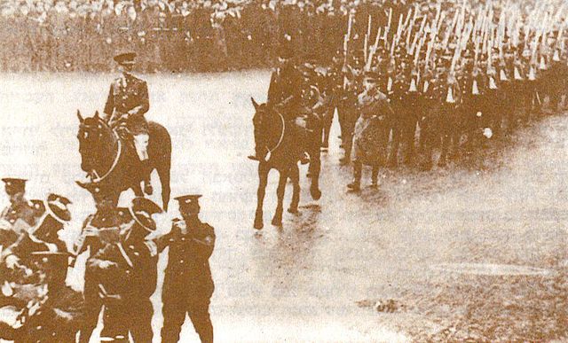 The 38th battalion of the Royal Fusiliers, led by Patterson (lead horse – left), marches in the streets of London, February 1918