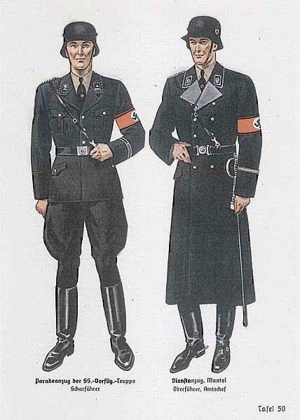 File:LeyRobert-OrganisationsbuchDerNsdap3.Auflage1937678S.ScanFraktur Page 527 ORGANISATIONSBUCH DER NSDAP 1937 Tafel 50 Schutzstaffel SS Uniform Paradeanzug, Dienstanzug Mantel Public domain Cropped.jpg