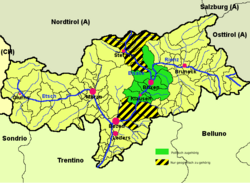 Eisacktal (highlighted in green) within South Tyrol; the yellow-black stripes mark the geographical extent of the valley