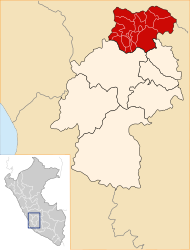 The Salcabamba district is located in the central north of the Tayacaja Province (marked in red)