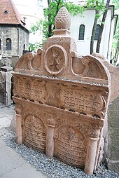 Tombstone of the Maharal in the Old Jewish Cemetery, Prague. The tombstones are inscribed in Hebrew. Loew-rabin-tombstone.jpg