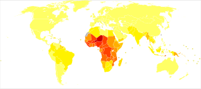 Disability-adjusted life year for malaria per 100,000 inhabitants in 2004
.mw-parser-output .div-col{margin-top:0.3em;column-width:30em}.mw-parser-output .div-col-small{font-size:90%}.mw-parser-output .div-col-rules{column-rule:1px solid #aaa}.mw-parser-output .div-col dl,.mw-parser-output .div-col ol,.mw-parser-output .div-col ul{margin-top:0}.mw-parser-output .div-col li,.mw-parser-output .div-col dd{page-break-inside:avoid;break-inside:avoid-column}
.mw-parser-output .legend{page-break-inside:avoid;break-inside:avoid-column}.mw-parser-output .legend-color{display:inline-block;min-width:1.25em;height:1.25em;line-height:1.25;margin:1px 0;text-align:center;border:1px solid black;background-color:transparent;color:black}.mw-parser-output .legend-text{}
no data
<10
0-100
100-500
500-1000
1000-1500
1500-2000
2000-2500
2500-2750
2750-3000
3000-3250
3250-3500
>=3500 Malaria world map - DALY - WHO2004.svg