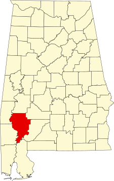 Location of Clarke County in Alabama Map of Alabama highlighting Clarke County.svg