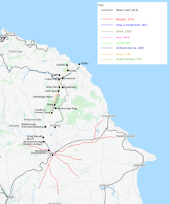 Map showing sections of Wade's Causeway reported as verified extant, by various authorities 1736–2013