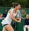 Margarita Gasparyan competing in the first round of the 2015 Wimbledon Qualifying Tournament at the Bank of England Sports Grounds in Roehampton, England. The winners of three rounds of competition qualify for the main draw of Wimbledon the following week.