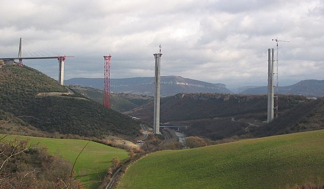 The northern half of the road deck being slowly launched across the pylons. View from the west in early 2004