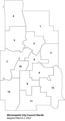 Minneapolis city council ward boundaries, enacted 2022 Minneapolis City Council wards.svg