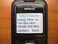 Spam on the display screen of a Vietnamese mobile phone. Mobile phone spam Vi.jpg