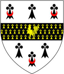 Arms of Mogg: Argent, on a fess pean between six ermine spots the two exterior in chief and the centre spot in base surmounted by a crescent gules a cock or MoggArms.png