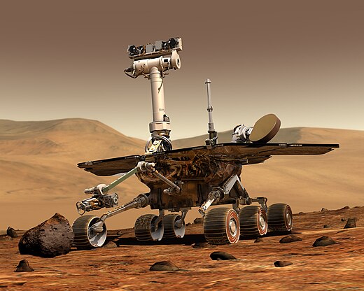 Computerillustratie van de Mars Exploration Rover op Mars.