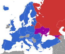 European NATO member countries in 2024 (blue), countries in the process of joining NATO (light blue), countries seeking membership (purple), and the Russia-led CSTO (red). NATO 32 members.png