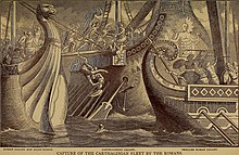 Illustration from 1883 depicting the capture of a Carthaginian galley by the Romans, who used a corvus for boarding, during the First Punic War. Naval battles, ancient and modern (1883) (14578299319).jpg