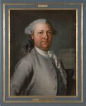 Nils Wessman som analyserade graven 1756, i bakgrunden kan en av hällarna ses från graven. Målning från 1762 av Johan Joachim Streng.