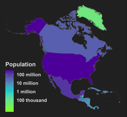 North American countries by population, 2023 North america pop map.png