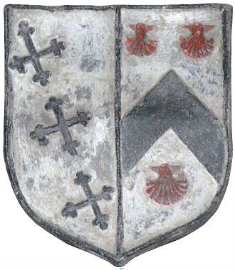 Heraldic escutcheon on monument to John Northcote(1570-1632), Newton St Cyres Church, Devon. The arms are Argent, three crosses-crosslet in bend sable (Northcote) impaling Argent, a chevron sable between three escallops gules (Pollard), representing his second marriage to Susanna Pollard (died 1634) NorthcotePollardMatch NewtonStCyres.JPG