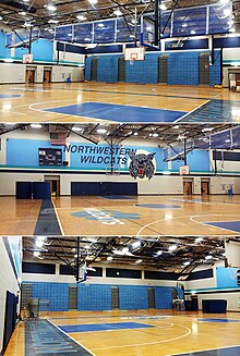 A photograph of the Northwestern High School main gymnasium showing the right, center, and left sections of the space Northwestern High School Gymnasium.jpg