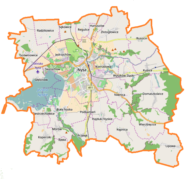 Mapa konturowa gminy Nysa, blisko centrum u góry znajduje się punkt z opisem „Bazylika św. Jakuba i św. Agnieszki w Nysie”