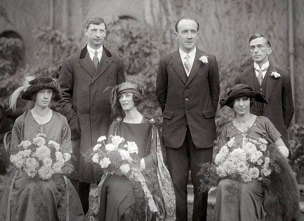 Back row l-r: Éamon de Valera, Kevin O'Higgins and his best man, Rory O'Connor, at O'Higgins' wedding, October 1921. A year later O'Higgins would sign