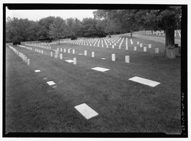 File:OVERSIZED AND FLAT MARKERS OF VICTIMS OF WWII AIRPLANE CRASHES IN SECTION 2. VIEW TO NORTHEAST. - Fort Scott National Cemetery, 900 East National Avenue, Fort Scott, Bourbon County, KS HALS KS-3-29.tif