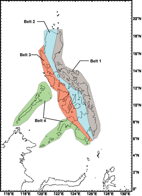 Ophiolite belts in the Philippine mobile belt. Belt 1 represents Late Cretaceous ophiolites; Belt 2 represents Early to late Cretaceous ophiolites with melanges; Belt 3 represents Cretaceous to Oligocene along western convergence zone; Belt 4 represents ophiolites derived from Sundaland-Eurasian plate margin. Ophiolite Belt.png