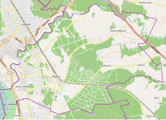 Mapa konturowa Otwocka, na dole nieco na lewo znajduje się punkt z opisem „Liceum Ogólnokształcące nr I im. Konstantego Ildefonsa Gałczyńskiego w Otwocku”