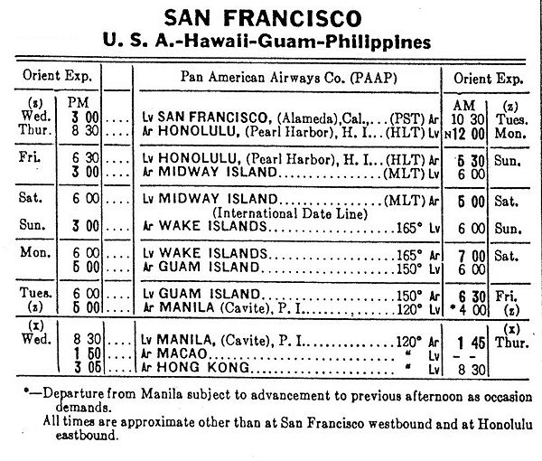 PAA's China Clipper service cut the time of a transpacific crossing from as much as six weeks by sea to just six days by air.