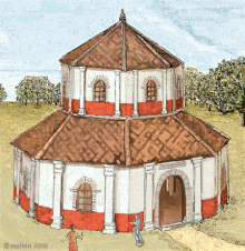 Reconstruction drawing of Pagans Hill Romano-Celtic temple. Paganreconstruction (2).gif