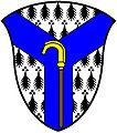 um pairle ou pálio—Arminho; um pairle azure carregado com o bastão episcopal característico de São Felano—Dewar, Canadá* (brasão escocês)