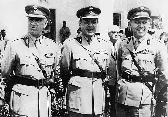 The leaders of the 1967 coup d'état: Brigadier Stylianos Pattakos, Colonel Georgios Papadopoulos and Colonel Nikolaos Makarezos
