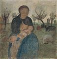 Mutter mit Säugling an der Brust und Kind in Landschaft, um 1905, Tempera auf Pappe. 37,1 x 36 cm.