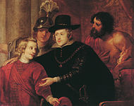 Gerard Seghers ( Peter Paul Rubens). Philip IV of Spain appointing Cardinal-Infante Ferdinand governor of the Netherlands label QS:Len,"Philip IV of Spain appointing Cardinal-Infante Ferdinand governor of the Netherlands" label QS:Lpl,"Filip IV mianujący kardynała-infanta Ferdynanda gubernatorem Niderlandów" label QS:Lnl,"Koning Philips IV van Spanje benoemt Kardinaal-Infant Ferdinand tot gouverneur over de Nederlanden" . 1634-1635. oil on canvas medium QS:P186,Q296955;P186,Q12321255,P518,Q861259 . 146 × 185 cm (57.4 × 72.8 in). Antwerp, Rubenshuis.