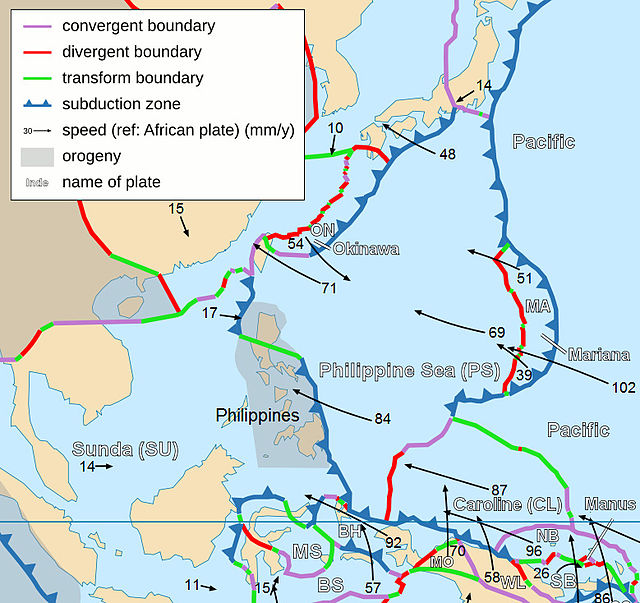 Taiwan lies on the western edge of the Philippine Plate.