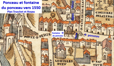 Området kring Rue du Ponceau. Utsnitt från Truschets och Hoyaus karta över Paris från år 1552.