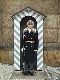 Un garde en uniforme d'hiver devant sa guérite à l'extérieur du château de Prague. (définition réelle 1 831 × 2 242)