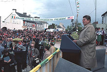 President Ronald Reagan speaking to a large crowd in his ancestral home in Ballyporeen, Ireland, in 1984. President Reagan in Ballyporeen Ireland.jpg