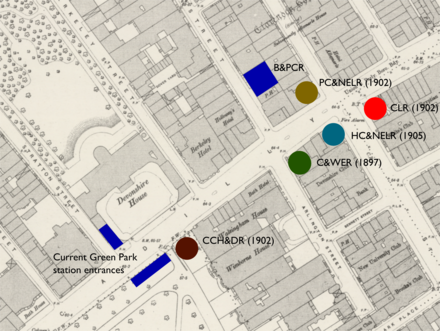 Location of original entrance to Dover Street station, approximate locations of stations proposed by rival companies and current Green Park station entrances